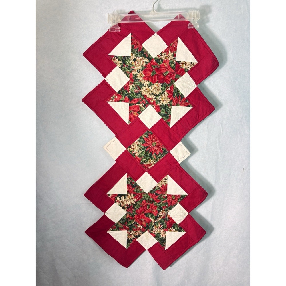 Handcrafted Holiday Table Runner Poinsettia Dresser Scarf Patchwork 36" X 18"